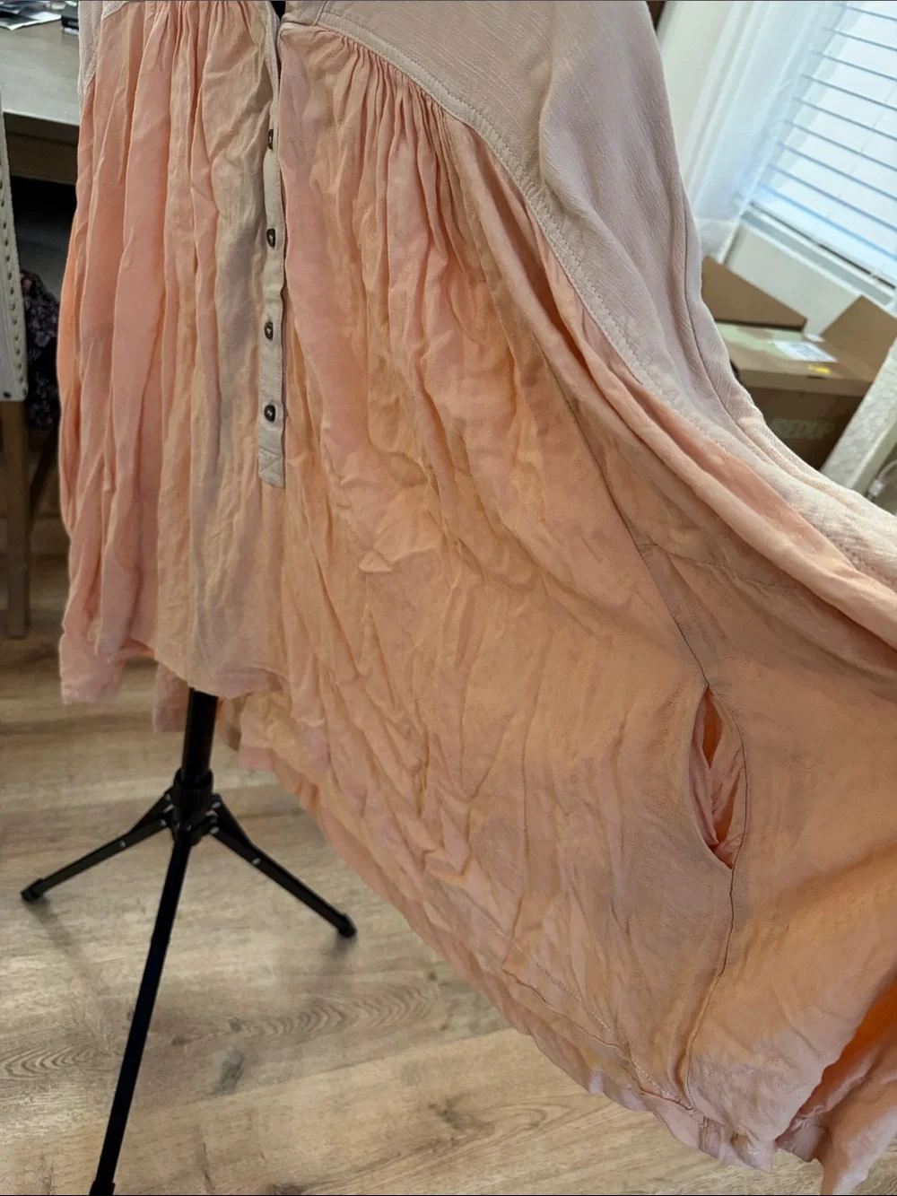 #842 FREE PEOPLE Peach 2-Tone Half Button Boho Flowy Oversized Blouse w Pockets